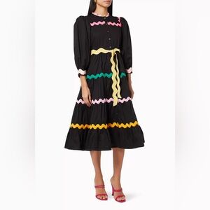 CeliaB Black Midi Dress with Pink, Yellow, Green and Orange Ric Rac Trim